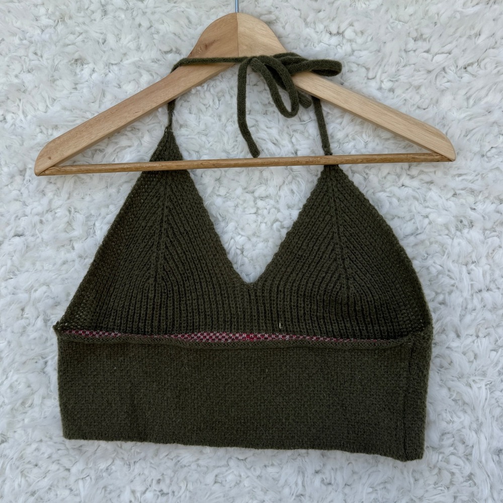 Red Mushrooms Knit Sweater Halter Top Olive Green Crop Size Large Fairycore y2K - Picture 2 of 7
